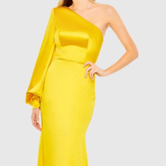 MAC DUGGAL 26712 ONE SHOULDER BISHOP SLEEVE SATIN SUNSET GOWN sz 4 - Picture 1 of 5